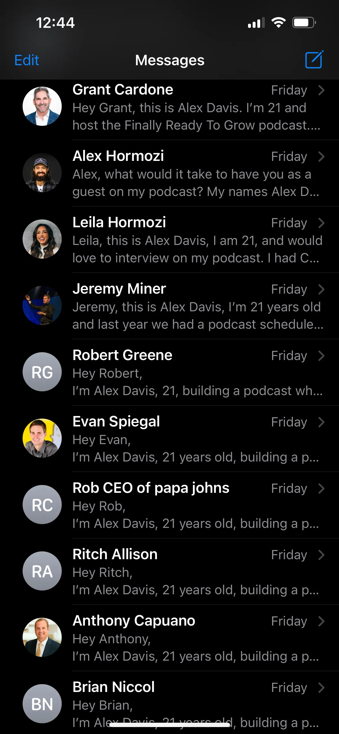 Direct messages to Grant Cardone, the Hormozis, Robert Greene and other founders